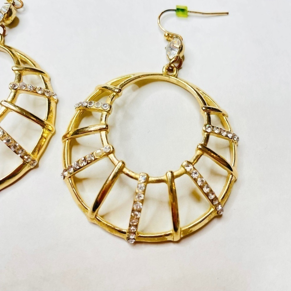 GOLD-TONE Metal Rhinestone Studded Round Hoop Dangle Drop Earrings - Picture 2 of 6